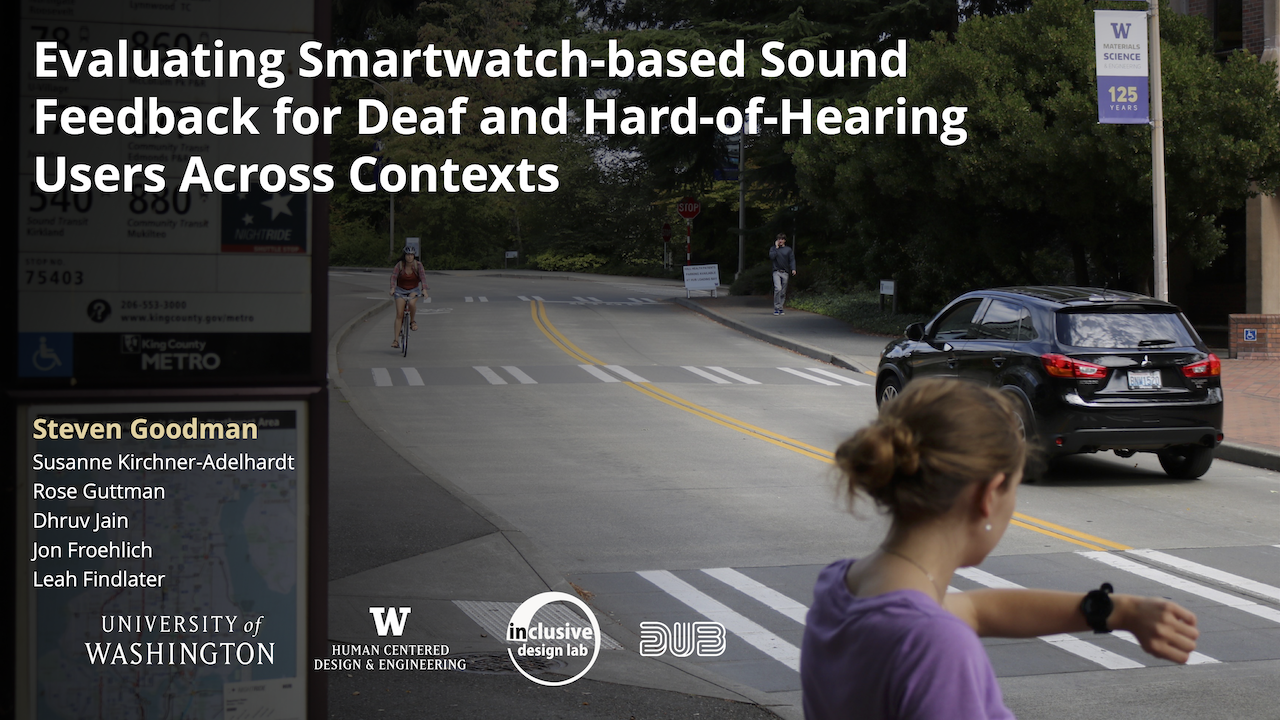 First slide of the talk with an image of an individual standing at a crosswalk and looking at a smartwatch on their wrist. In the background, a car drives past while a bicyclist approaches. The title reads: Evaluating Smartwatch-based Sound Feedback for Deaf and Hard-of-Hearing Users Across Contexts.